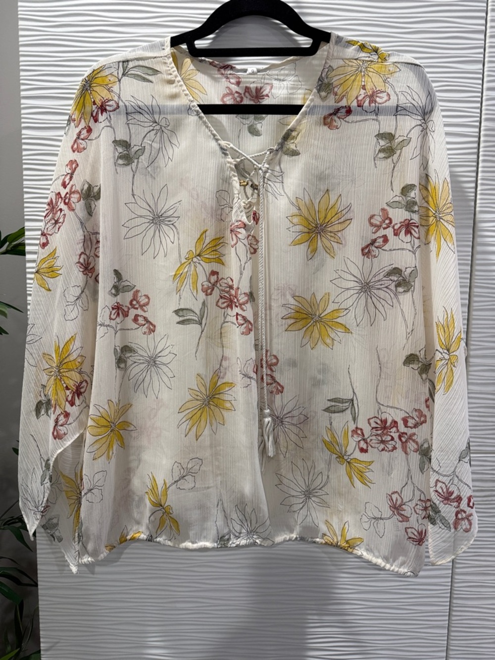 Maurices Cream Floral Lace-Up Peasant Tunic with Yellow & Red Flowers